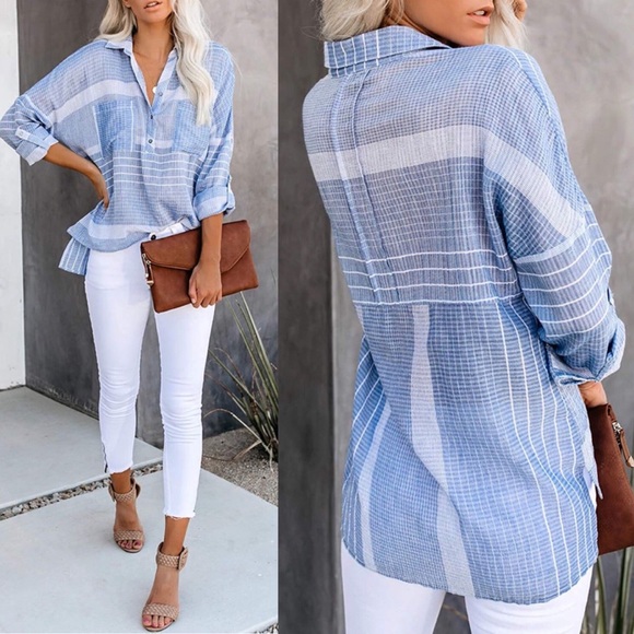 Button Front Rolled Sleeve Mixed Striped Blouse - Picture 2 of 3